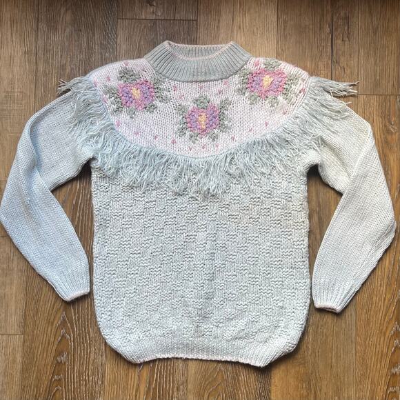 VTG Huntington Ridge Hand Knit CottageCore Fringe Mock Neck Sweater L Floral 80s - Picture 1 of 4